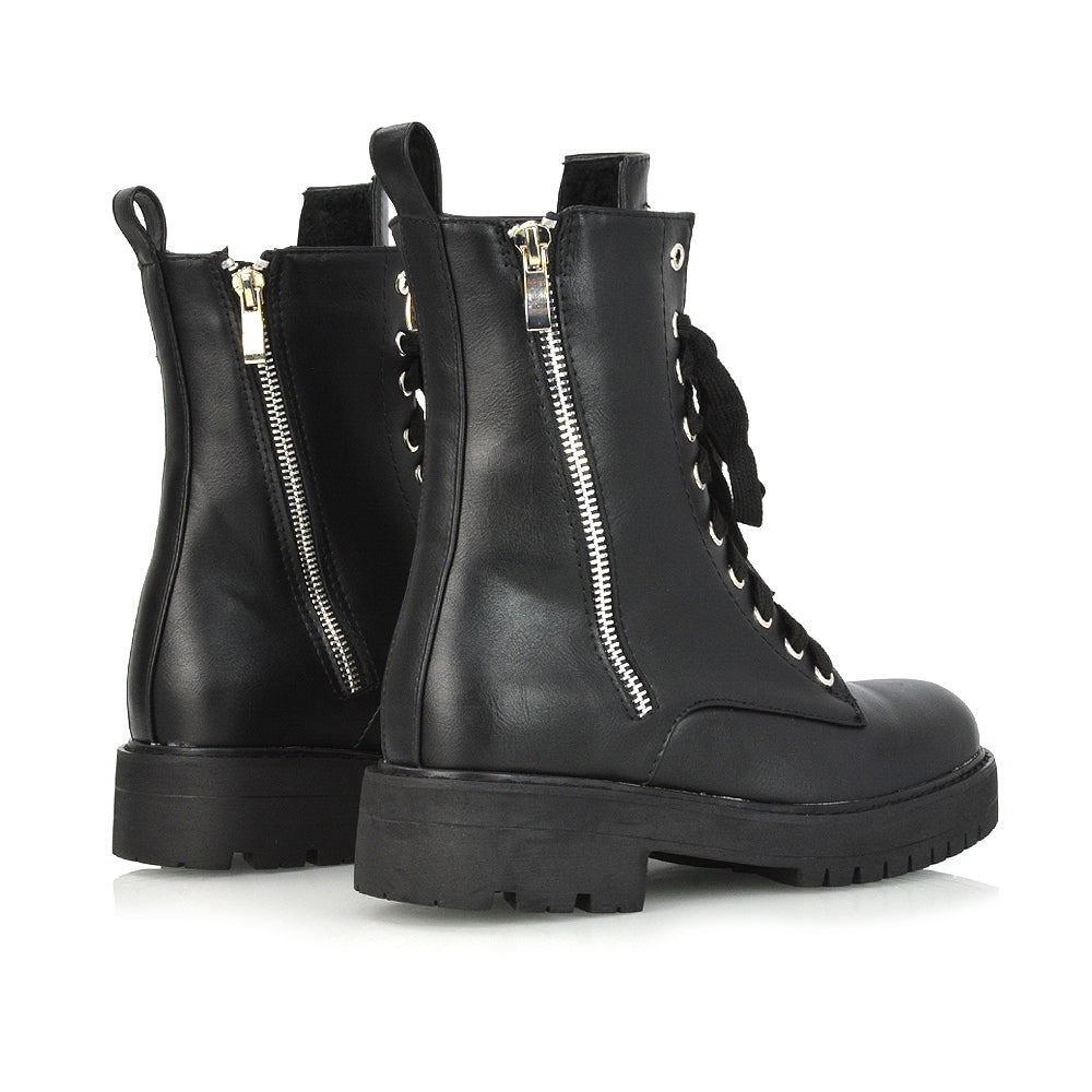 Bianca Flat Combat Lace up Chunky Military Biker Ankle Boots in Black Synthetic Leather