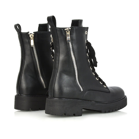 Bianca Flat Combat Lace up Chunky Military Biker Ankle Boots in Black Patent
