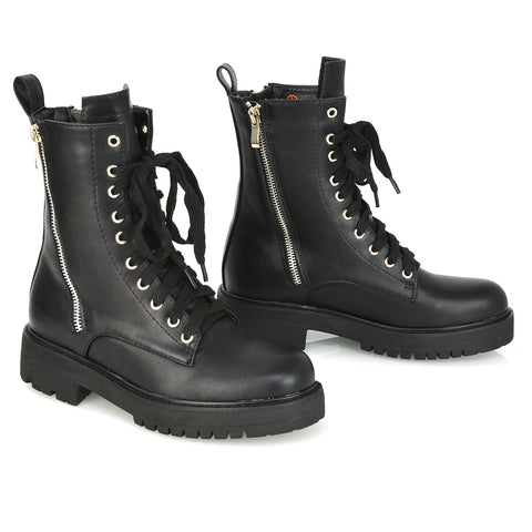 Bianca Flat Combat Lace up Chunky Military Biker Ankle Boots in Black Synthetic Leather