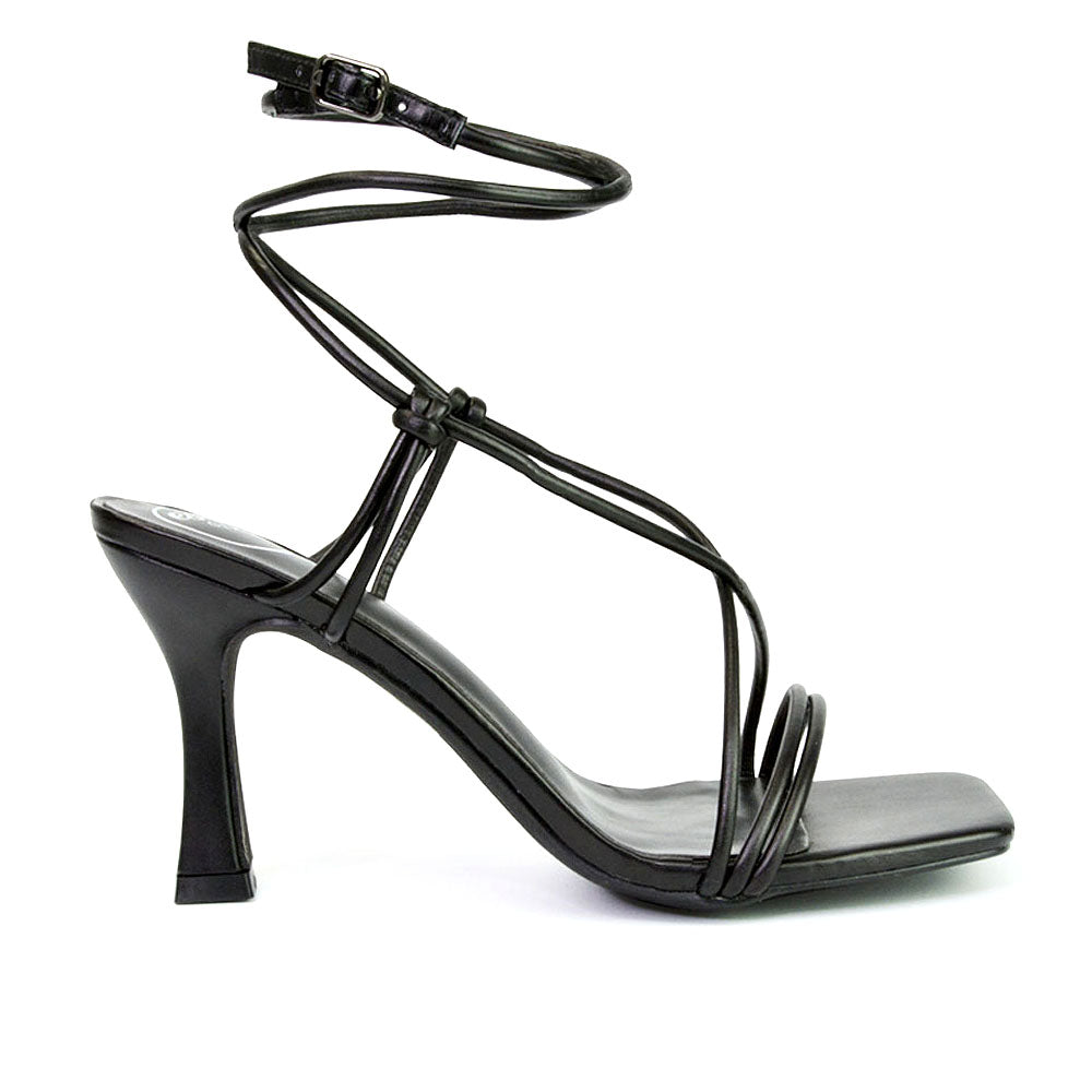 Carys Buckle Lace Up Strappy Stiletto Square Toe Mid High Heel Sandals in Black