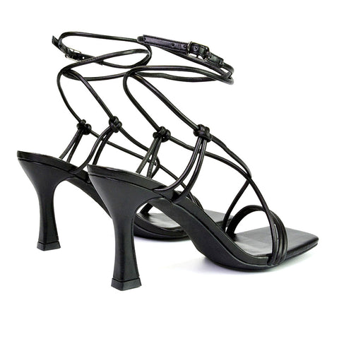 Carys Buckle Lace Up Strappy Stiletto Square Toe Mid High Heel Sandals in Black