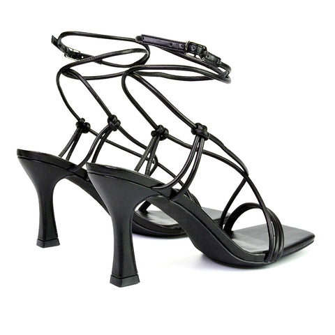 Carys Buckle Lace Up Strappy Stiletto Square Toe Mid High Heel Sandals in Lilac