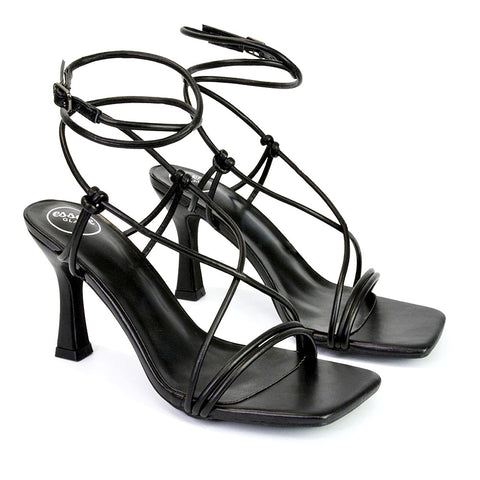 Carys Buckle Lace Up Strappy Stiletto Square Toe Mid High Heel Sandals in Black