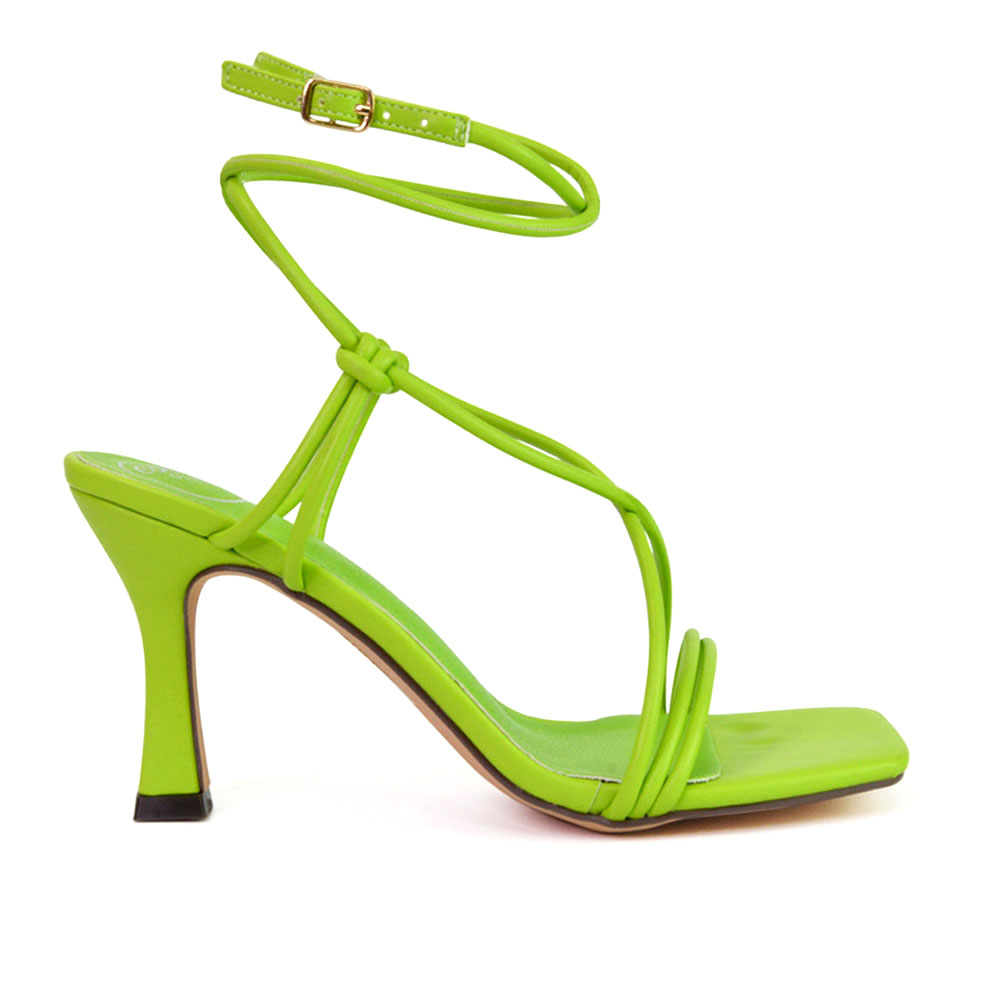 Carys Buckle Lace Up Strappy Stiletto Square Toe Mid High Heel Sandals in Green