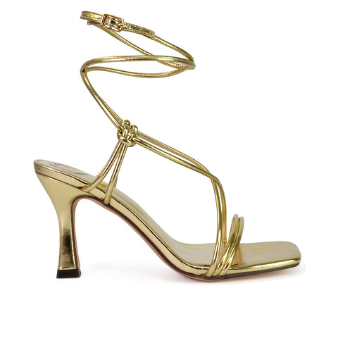 Carys Buckle Lace Up Strappy Stiletto Square Toe Mid High Heel Sandals in Gold