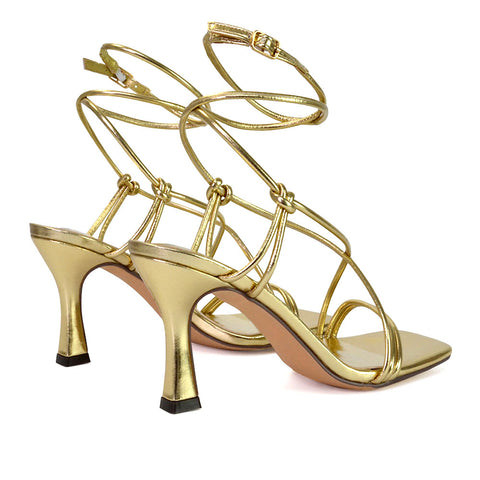 Carys Buckle Lace Up Strappy Stiletto Square Toe Mid High Heel Sandals in Gold