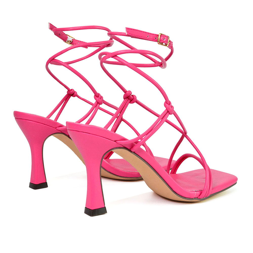 Carys Buckle Lace Up Strappy Stiletto Square Toe Mid High Heel Sandals in Pink