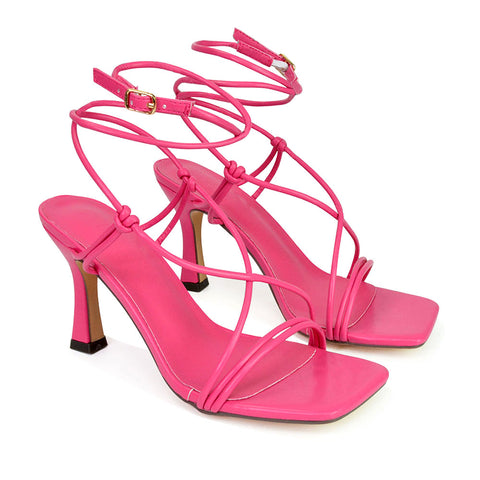 Carys Buckle Lace Up Strappy Stiletto Square Toe Mid High Heel Sandals in Pink