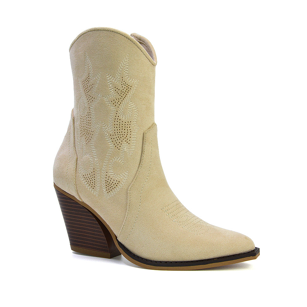 Felicia Zip Up Mid Block Heel Pointed Toe Ankle Cowboy Boots in Beige