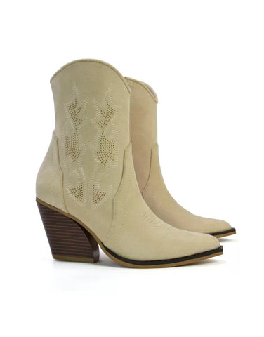 Felicia Zip Up Mid Block Heel Pointed Toe Ankle Cowboy Boots in Taupe