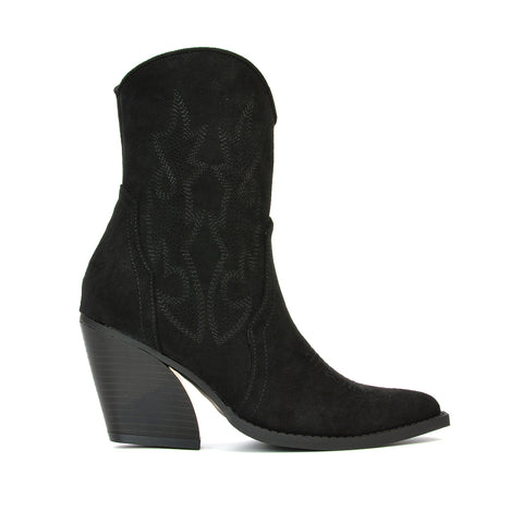 Felicia Zip Up Mid Block Heel Pointed Toe Ankle Cowboy Boots in Black