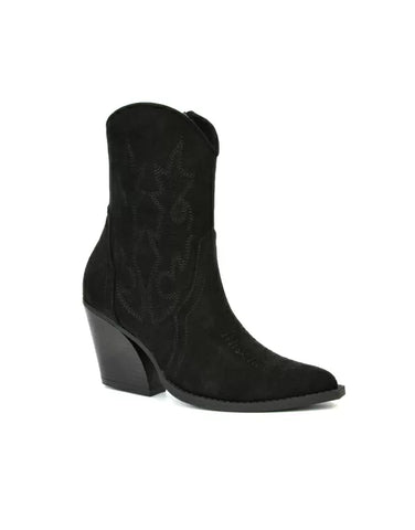 Felicia Zip Up Mid Block Heel Pointed Toe Ankle Cowboy Boots in Black