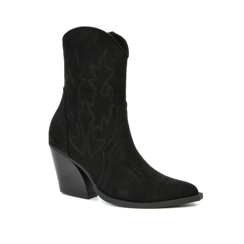 Felicia Zip Up Mid Block Heel Pointed Toe Ankle Cowboy Boots in Black