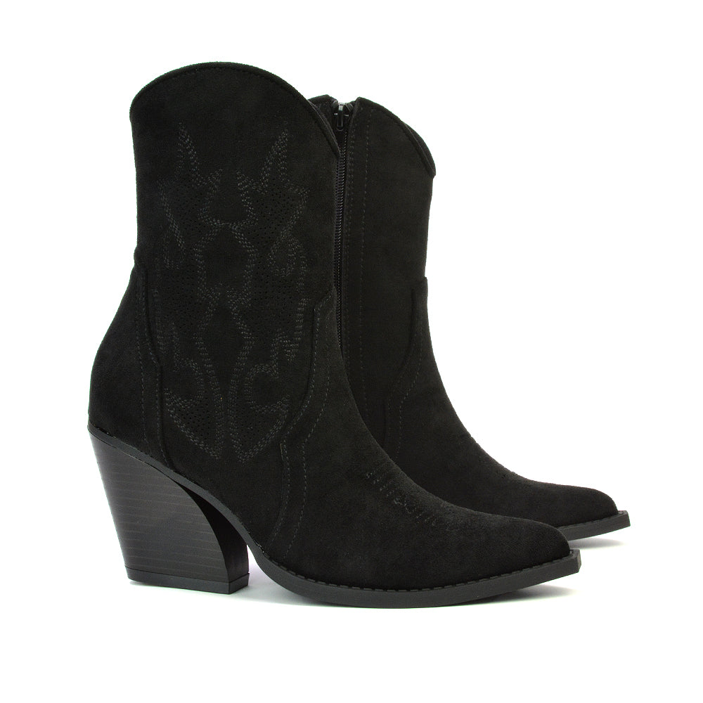 Felicia Zip Up Mid Block Heel Pointed Toe Ankle Cowboy Boots in Black