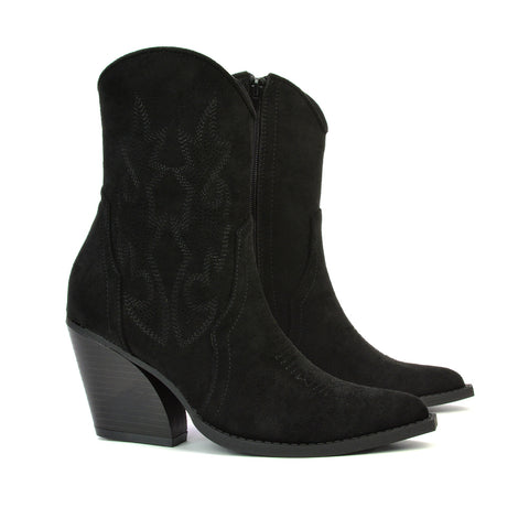 Felicia Zip Up Mid Block Heel Pointed Toe Ankle Cowboy Boots in Taupe