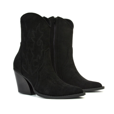 Felicia Zip Up Mid Block Heel Pointed Toe Ankle Cowboy Boots in Black