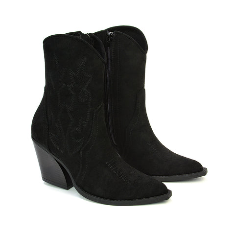 Felicia Zip Up Mid Block Heel Pointed Toe Ankle Cowboy Boots in Black