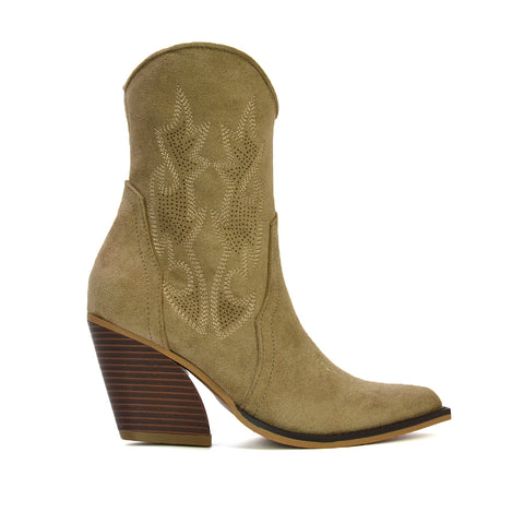 Felicia Zip Up Mid Block Heel Pointed Toe Ankle Cowboy Boots in Taupe