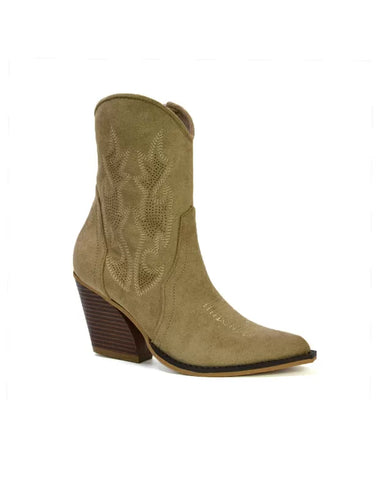 Felicia Zip Up Mid Block Heel Pointed Toe Ankle Cowboy Boots in Taupe