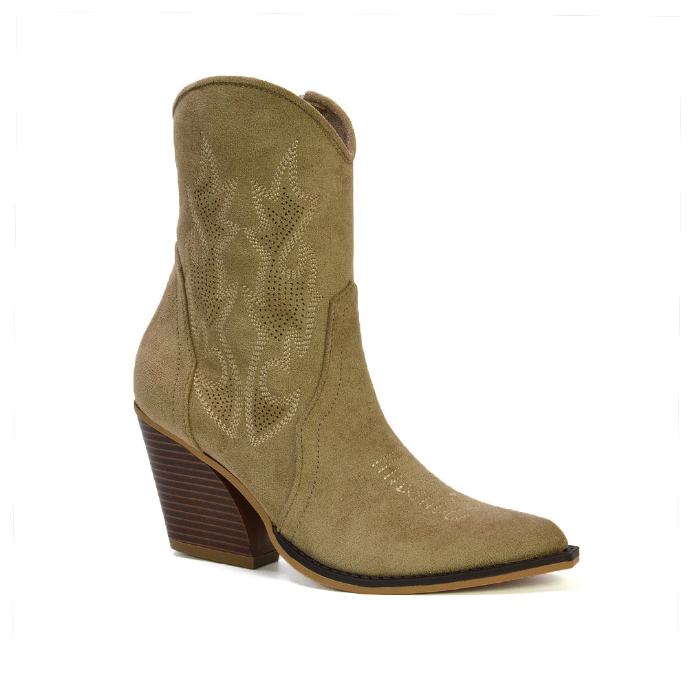 Felicia Zip Up Mid Block Heel Pointed Toe Ankle Cowboy Boots in Beige