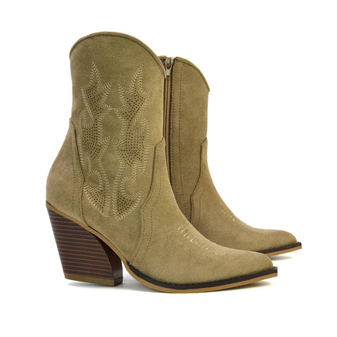 Felicia Zip Up Mid Block Heel Pointed Toe Ankle Cowboy Boots in Taupe