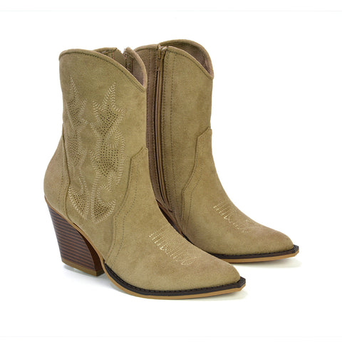 Felicia Zip Up Mid Block Heel Pointed Toe Ankle Cowboy Boots in Taupe