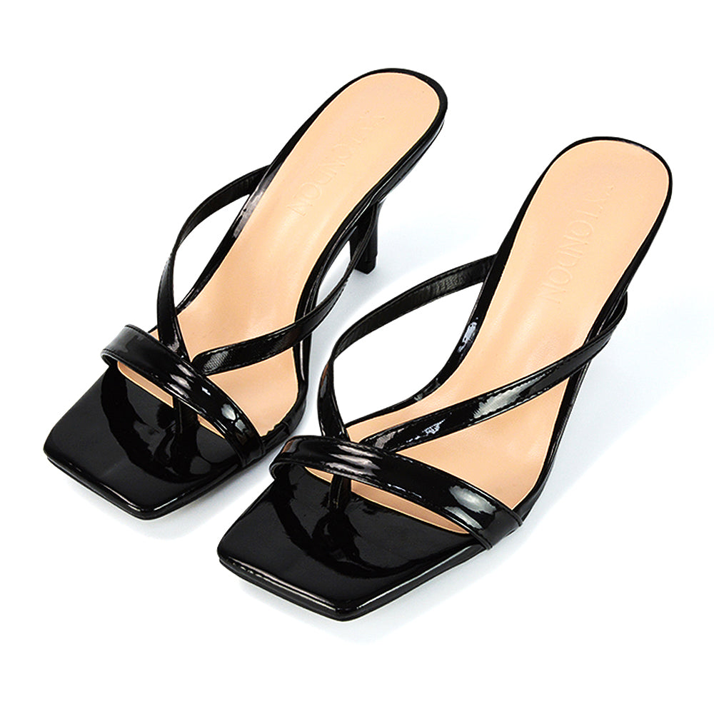 Daria Square Toe Post Strappy Slip on Low Mule Heel Sandals in Black