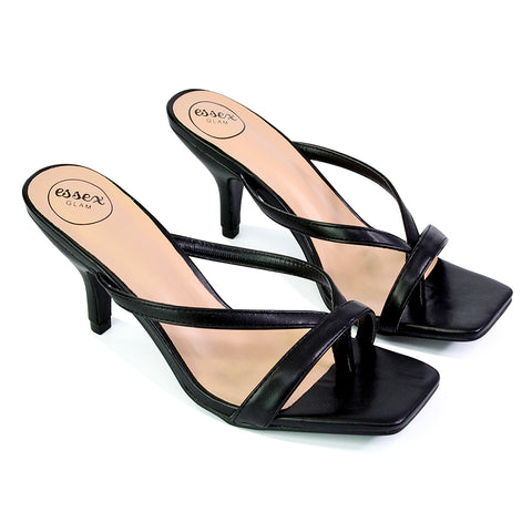 Daria Square Toe Post Strappy Slip on Low Mule Heel Sandals in Black