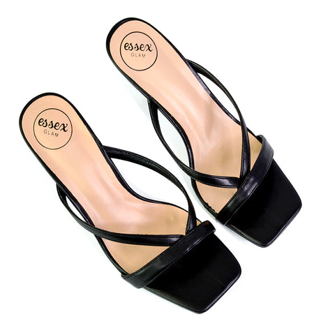 Daria Square Toe Post Strappy Slip on Low Mule Heel Sandals in Black