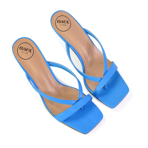 Daria Square Toe Post Strappy Slip on Low Mule Heel Sandals in Blue