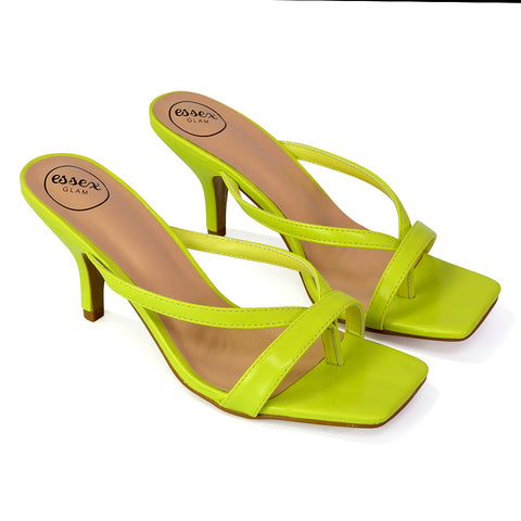 Daria Square Toe Post Strappy Slip on Low Mule Heel Sandals in Green