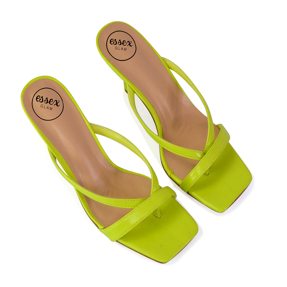 Daria Square Toe Post Strappy Slip on Low Mule Heel Sandals in Green
