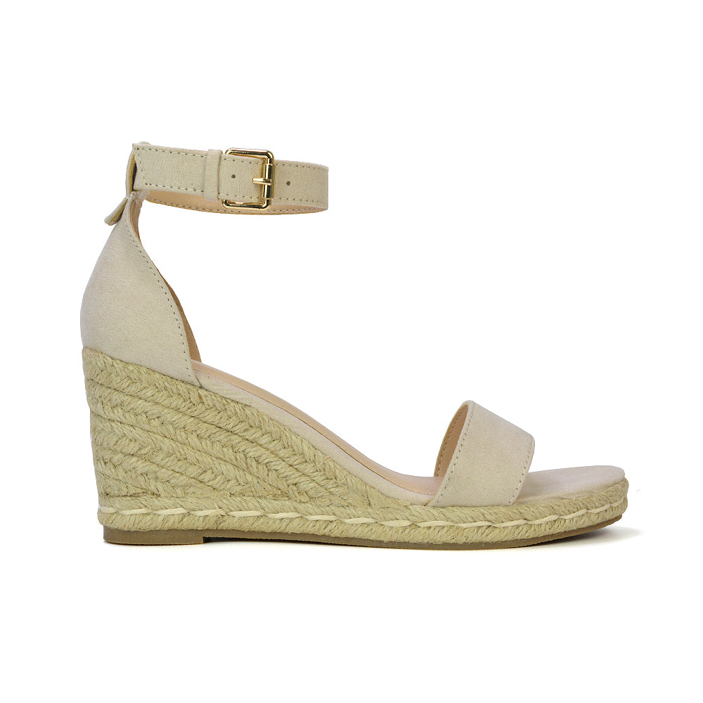 Amber Espadrille Mid Wedge Heel Sandals With Ankle Strap in Black