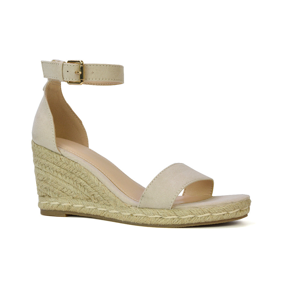 Amber Espadrille Mid Wedge Heel Sandals With Ankle Strap in Beige