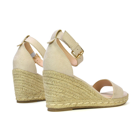 Amber Espadrille Mid Wedge Heel Sandals With Ankle Strap in Beige