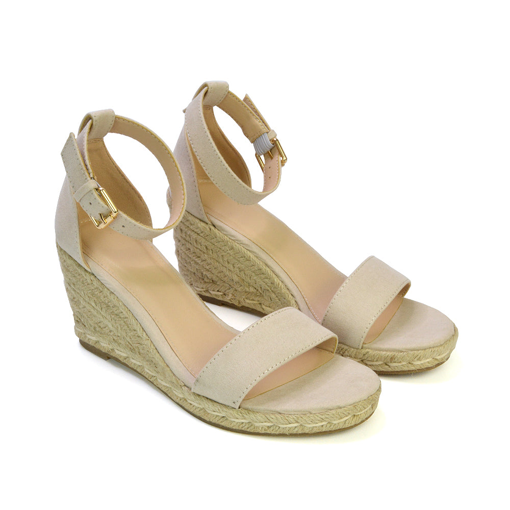 Amber Espadrille Mid Wedge Heel Sandals With Ankle Strap in Beige