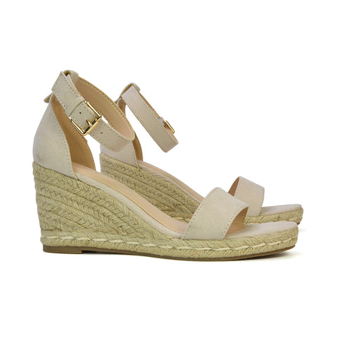 Amber Espadrille Mid Wedge Heel Sandals With Ankle Strap in Beige