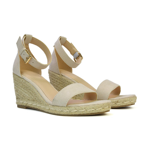 Amber Espadrille Mid Wedge Heel Sandals With Ankle Strap in Beige