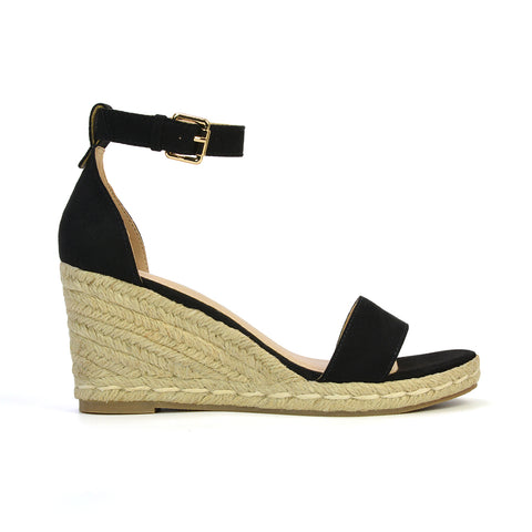 Amber Espadrille Mid Wedge Heel Sandals With Ankle Strap in Beige