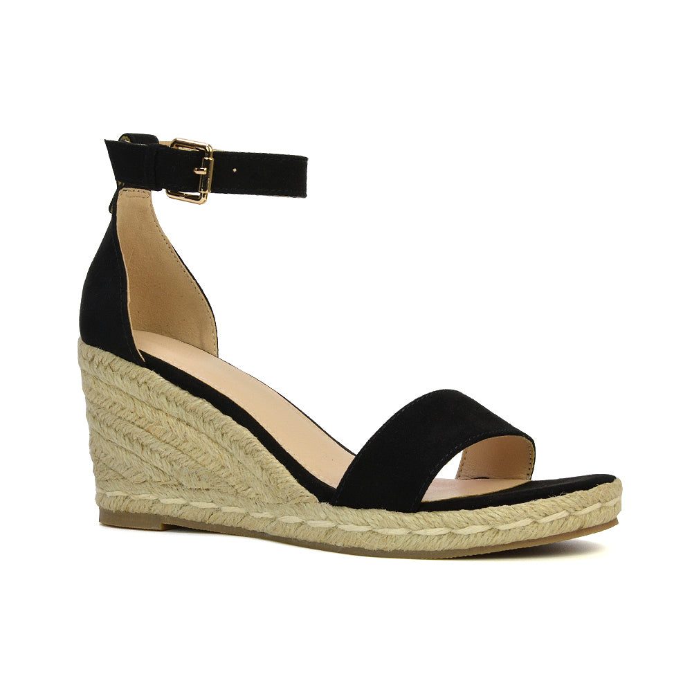 Amber Espadrille Mid Wedge Heel Sandals With Ankle Strap in Beige