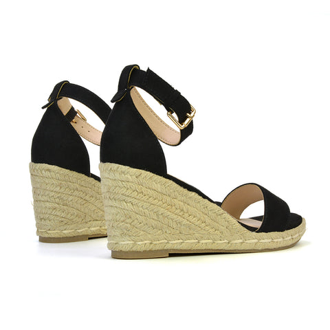 Amber Espadrille Mid Wedge Heel Sandals With Ankle Strap in Black