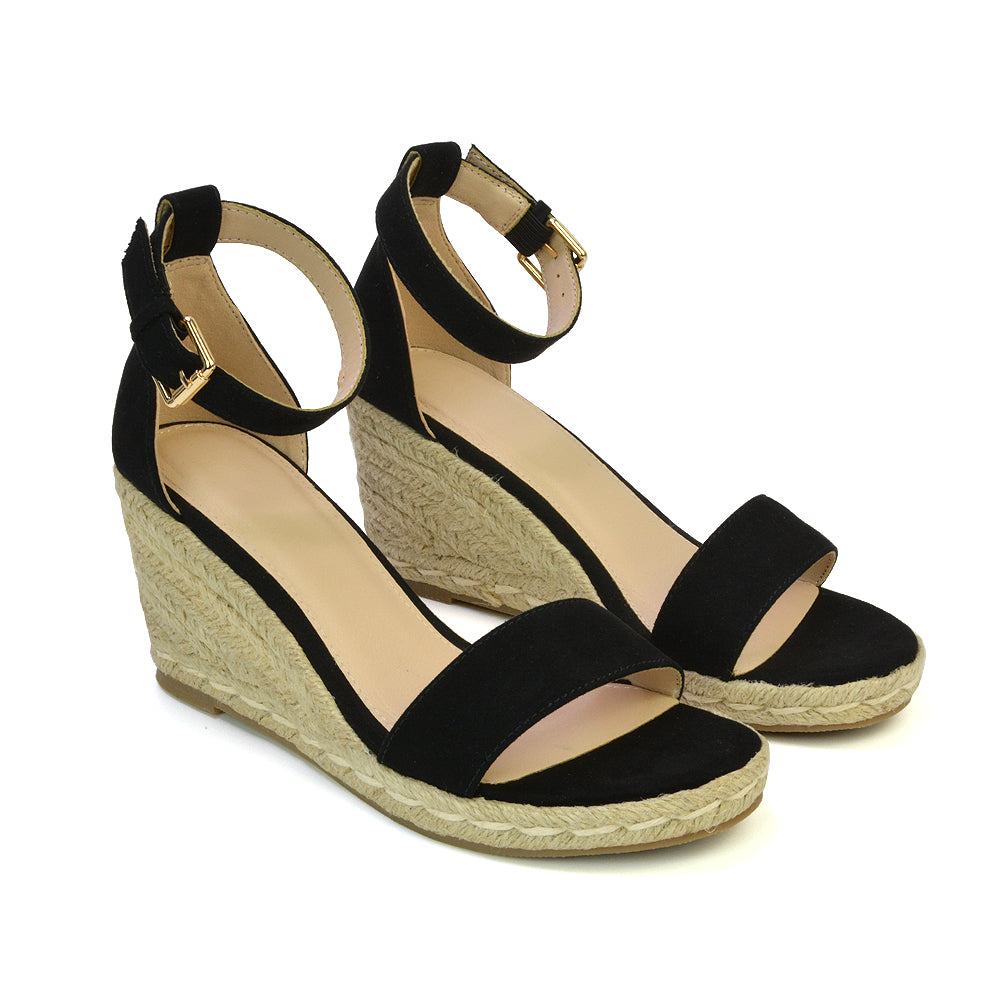 Amber Espadrille Mid Wedge Heel Sandals With Ankle Strap in Beige