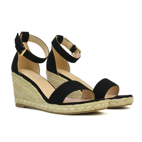 Amber Espadrille Mid Wedge Heel Sandals With Ankle Strap in Black
