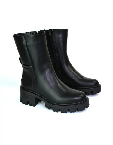 Jacob Chunky Block Heel Cleated Sole Zip Up Biker Ankle Boots In Black Synthetic Leather