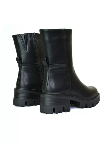 Jacob Chunky Block Heel Cleated Sole Zip Up Biker Ankle Boots In Black Synthetic Leather