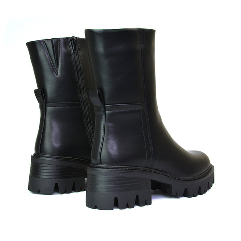 Jacob Chunky Block Heel Cleated Sole Zip Up Biker Ankle Boots In Black Synthetic Leather