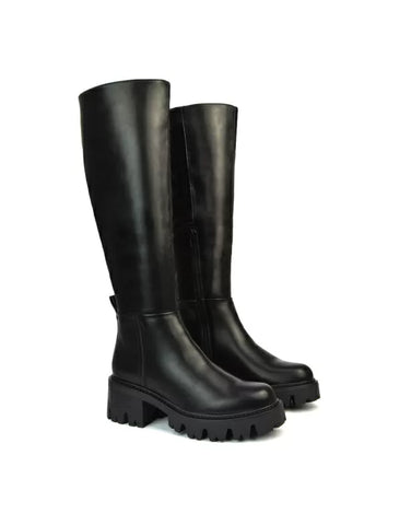 Aubree Chunky Platform Block Heel Knee High Biker Boots in Black Synthetic Leather