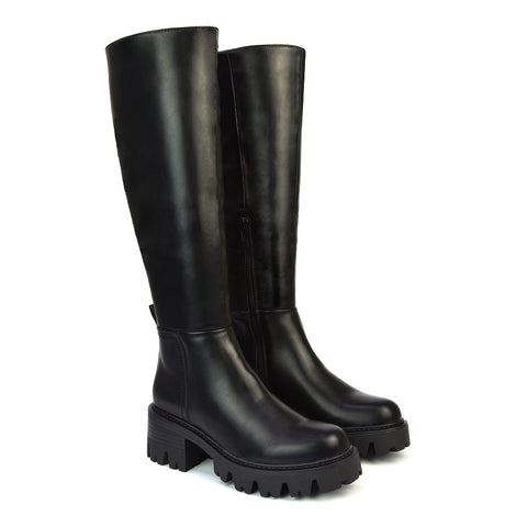 Aubree Chunky Platform Block Heel Knee High Biker Boots in Black Synthetic Leather