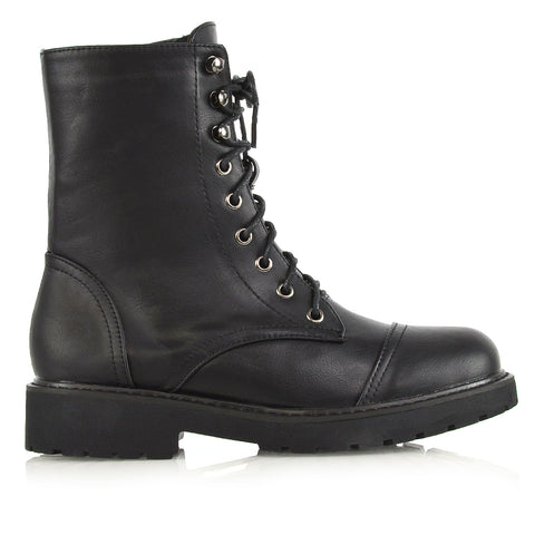 River Lace Up Military Combat Zip-up Flat Ankle Biker Boots In Black Synthetic Leather