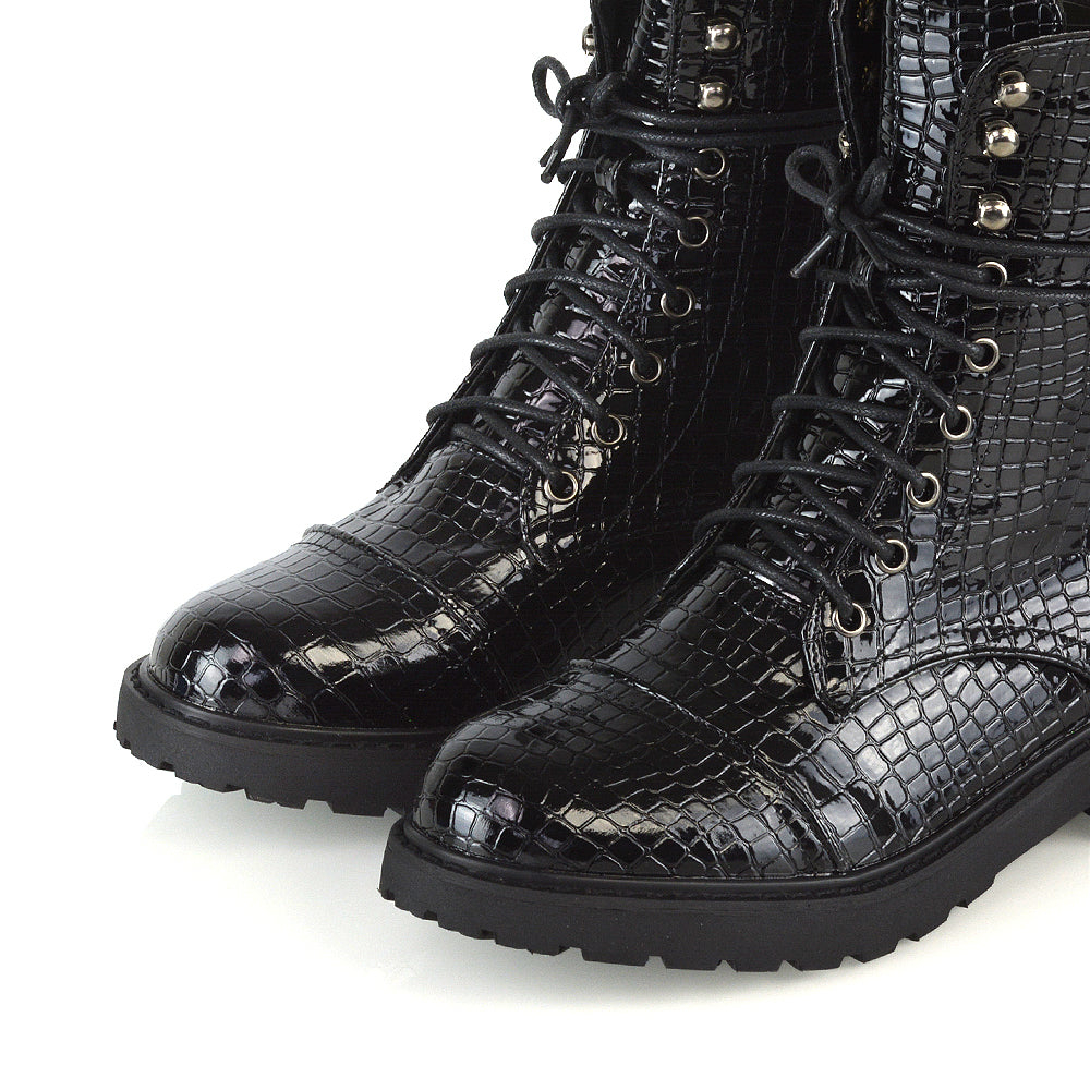 River Lace Up Military Combat Zip-up Flat Ankle Biker Boots In Black Synthetic Leather